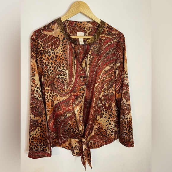 Chicos Fall Tone Paisley Sequin Collar Tie Front Satin Blouse - Picture 1 of 12